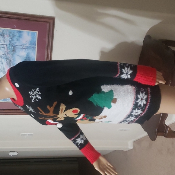 M Bashful Rudolph on a bed of snow in the forest 3d Santa hat long sweater - Picture 2 of 7